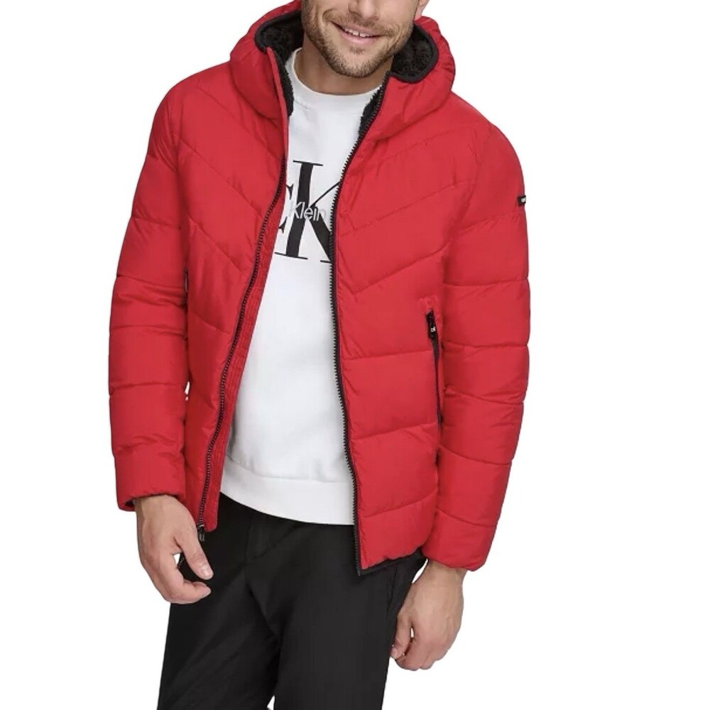 Calvin Klein Red Black Chevron Stretch Sherpa Lined Hood Coat Jacket Men XXL